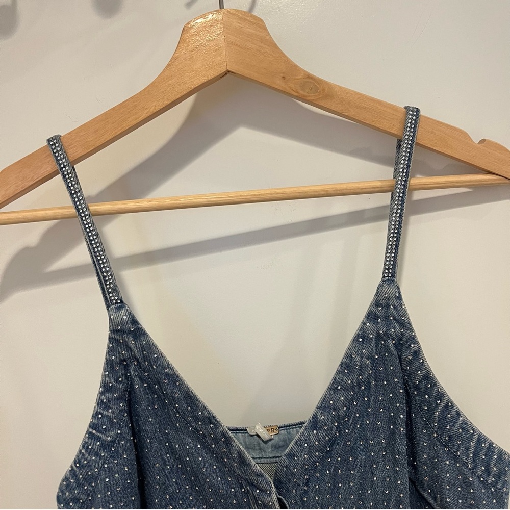 NWOT Young, Fabulous, and Broke Denim Rhinestone Mini Dress Small - Picture 4 of 9